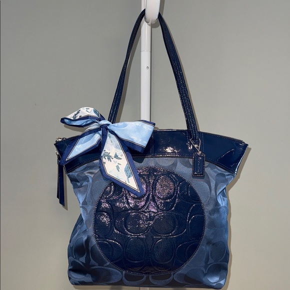 Coach Handbags - Coach  Navy Blue Laura Signature Nylon Tote with Floral Scarf and Dust Bag EUC